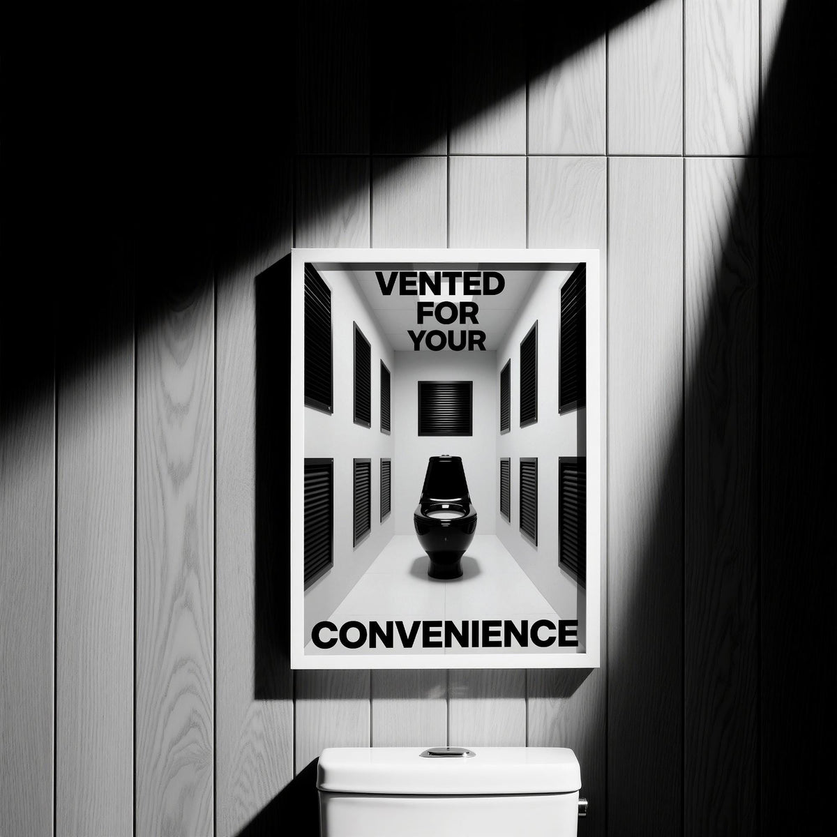 Monochrome bathroom humor artwork, Bathroom Funny Print with clean lines.