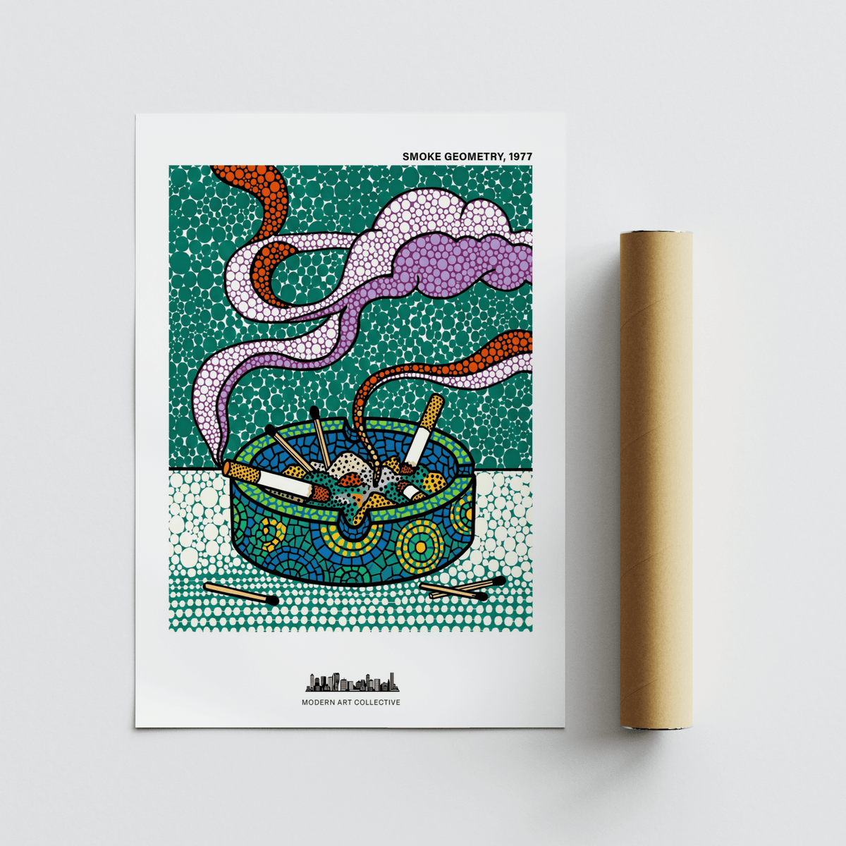 Contemporary wall art print with poster-style layout, small top title text, and geometric dot pattern field