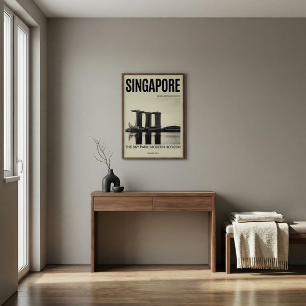 Displaying Singapore Modern Architecture Art Print with centered skyline composition and vintage-style poster layout