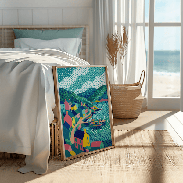 Colorful Coastal Art Print with Blue tones perfect for bathroom wall art.