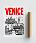 Minimal linework Venice architecture poster with bridge, canal, and campanile tower