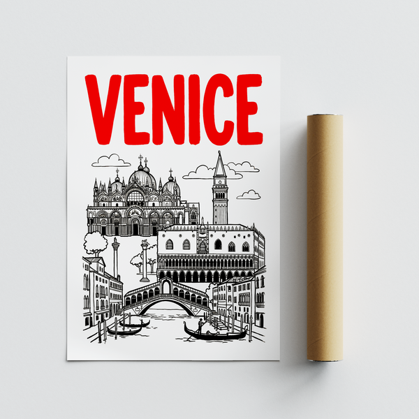 Minimal linework Venice architecture poster with bridge, canal, and campanile tower