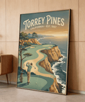 Mid swing golfer illustration framed by wind bent pines and surf