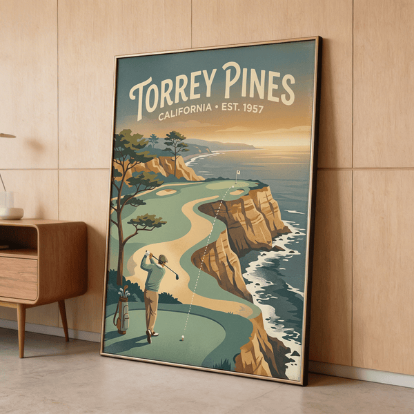 Mid swing golfer illustration framed by wind bent pines and surf
