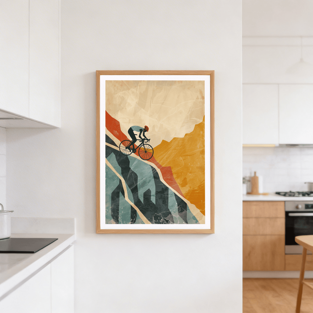 Textured mountain cycling print with helmeted rider and geometric slopes