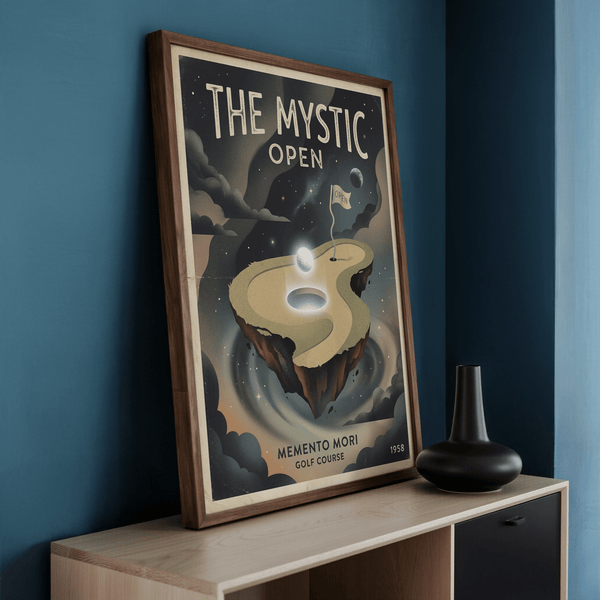 Typography detail poster print reading MEMENTO MORI GOLF COURSE with 1958 at the bottom