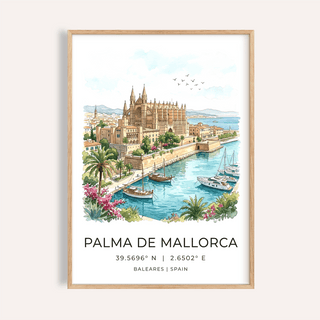 Overview of Palma De Mallorca Art Print travel poster with cathedral, marina, and sailboats