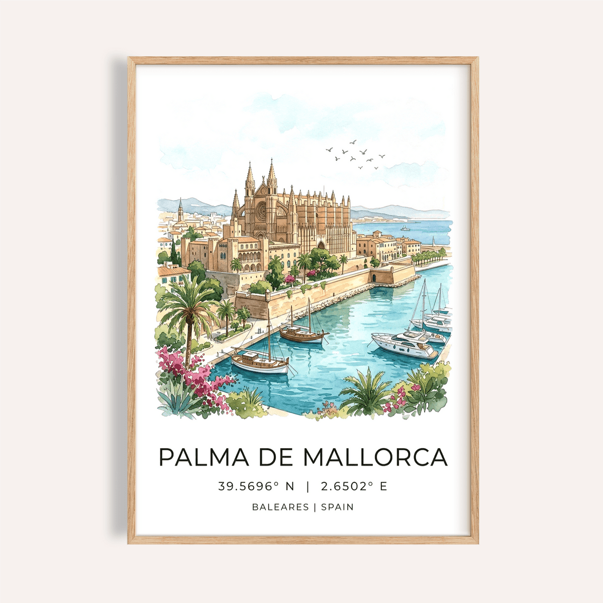 Overview of Palma De Mallorca Art Print travel poster with cathedral, marina, and sailboats
