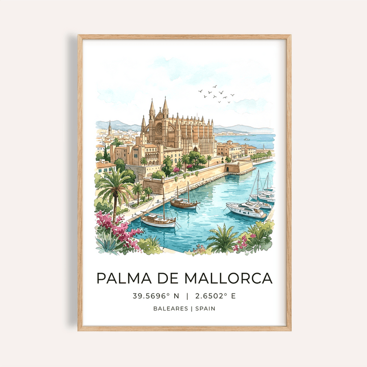 Overview of Palma De Mallorca Art Print travel poster with cathedral, marina, and sailboats