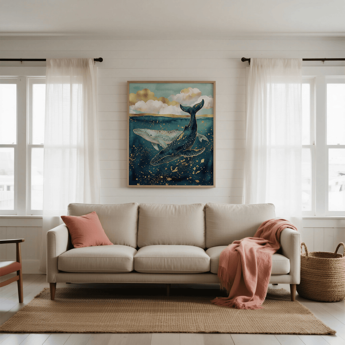 Bright living room with a beige sofa, a blush throw and cushion, and a print of a whale in deep navy water beneath golden clouds