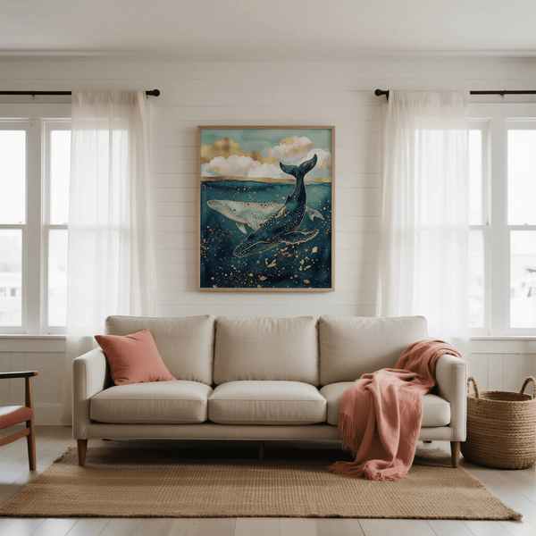 Decorative Whale Wall Art with Blue and Gold for nursery, poster