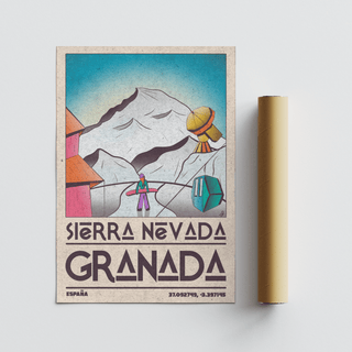 Textured paper grain adding depth to minimalist winter mountain scene