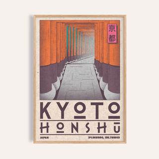 Framed view of Kyoto Honshu Wall Art poster with repeating gate corridor and bold KYOTO HONSHU text