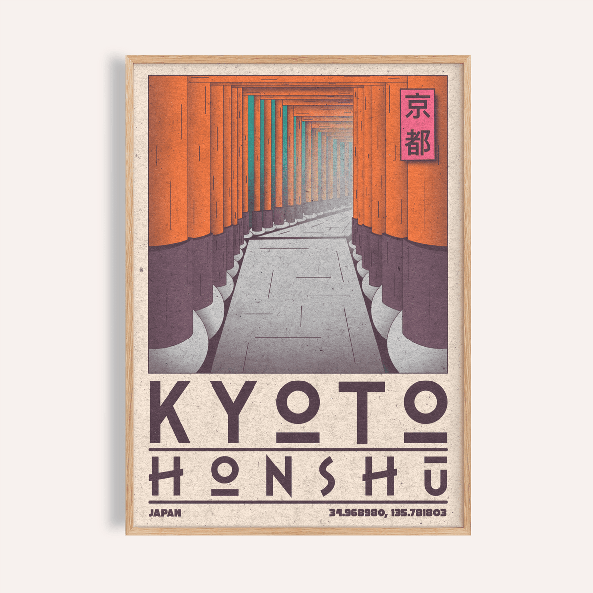 Framed view of Kyoto Honshu Wall Art poster with repeating gate corridor and bold KYOTO HONSHU text