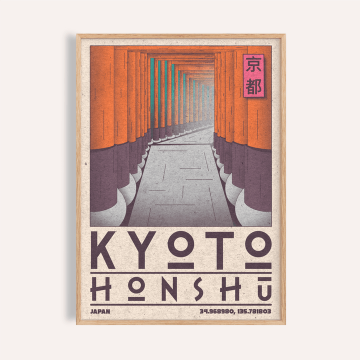 Framed view of Kyoto Honshu Wall Art poster with repeating gate corridor and bold KYOTO HONSHU text