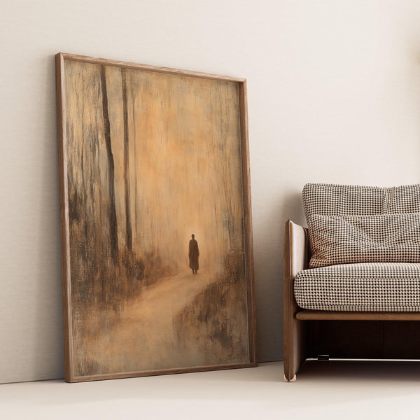 Solitary monk walking through soft-toned forest in antique Japanese prints style.