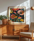 Contemporary floral wall art in bright and bold tones.