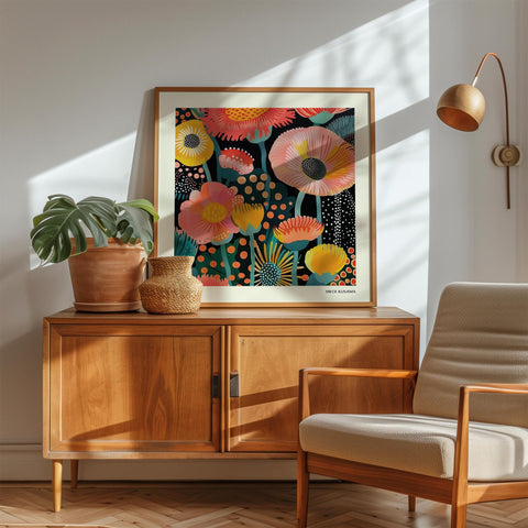 Contemporary floral wall art in bright and bold tones.