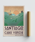Santiago Cabo Verde Art Print in Green, Orange, Beige with lighthouse, hills, and sun at sea