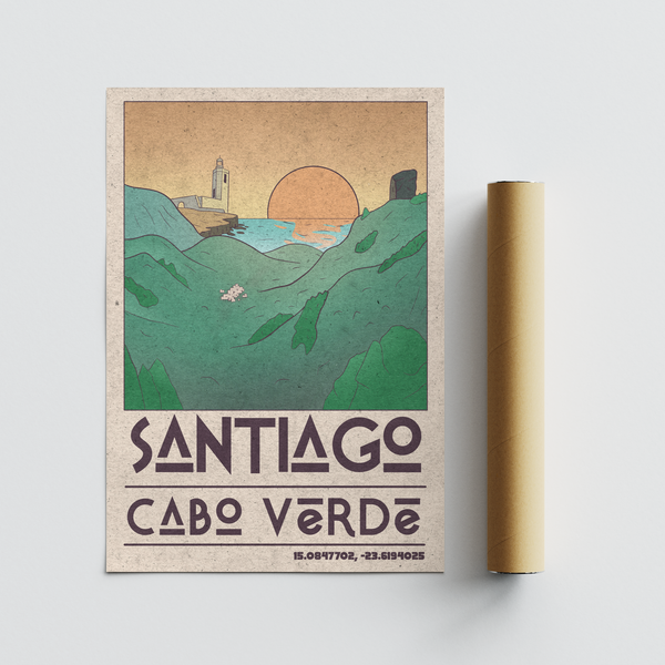 Santiago Cabo Verde Art Print in Green, Orange, Beige with lighthouse, hills, and sun at sea