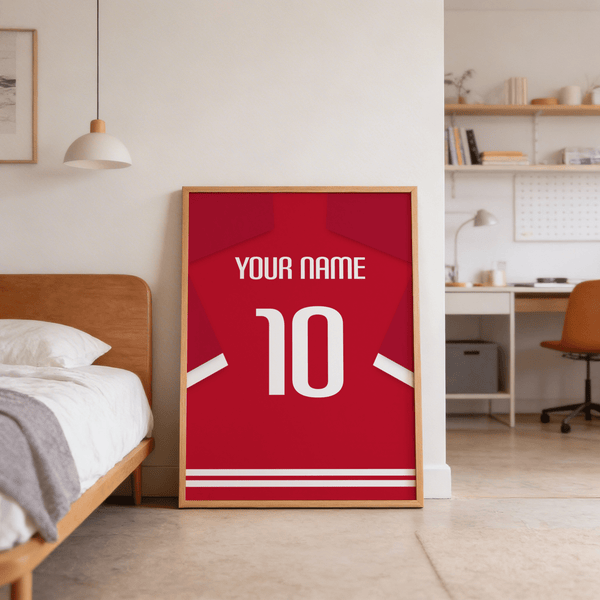 Minimal jersey wall art print with bold number 10 and custom name typography