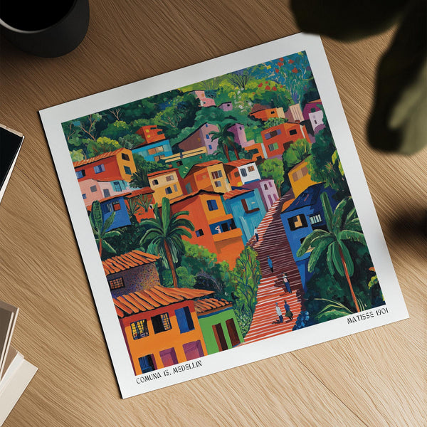 Hillside community in Colombia shown in expressive artistic detail.