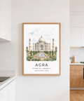 Detailed Agra Historical Poster featuring Taj Mahal, reflecting pool, and gardens