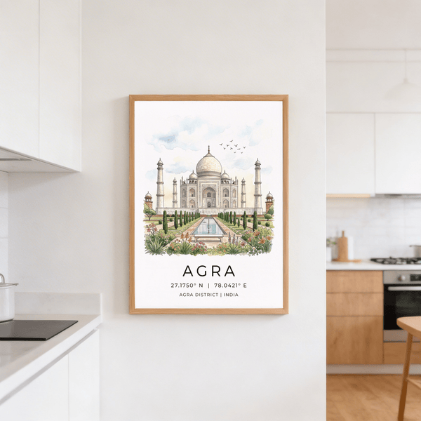 Detailed Agra Historical Poster featuring Taj Mahal, reflecting pool, and gardens