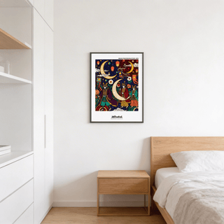 Japanese Festival Print depicting lanterns, banners, and moon motif