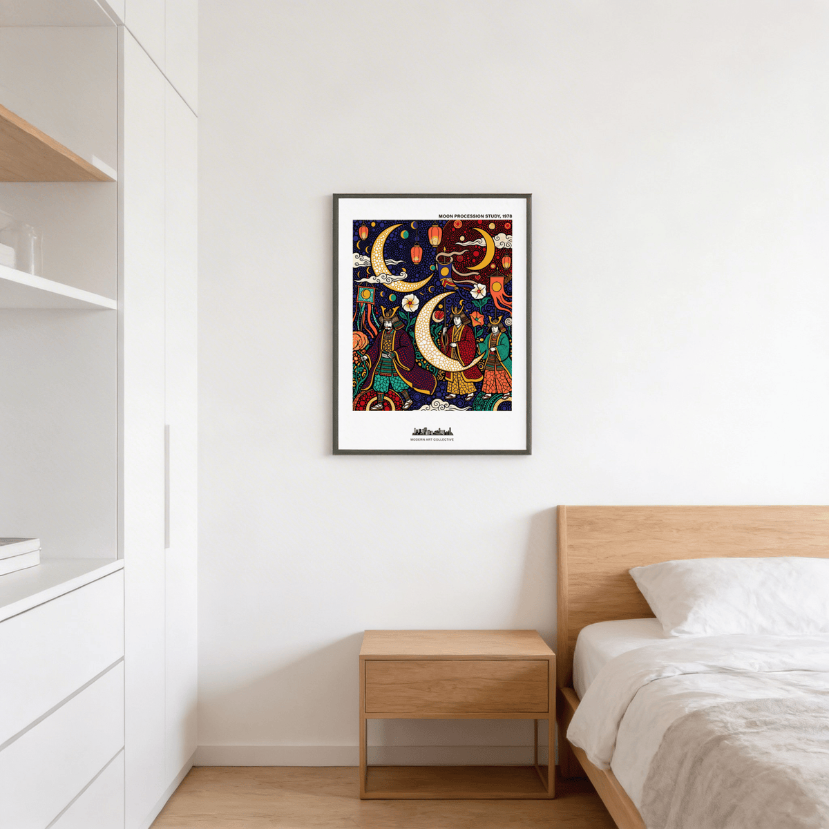 Japanese Festival Print depicting lanterns, banners, and moon motif
