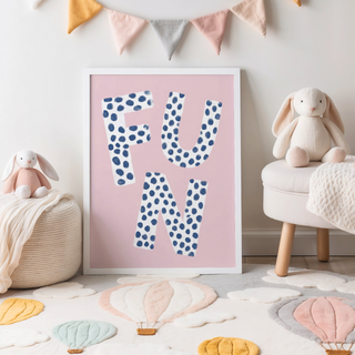 Graphic text print wall art with chunky FUN letters filled with polka dots