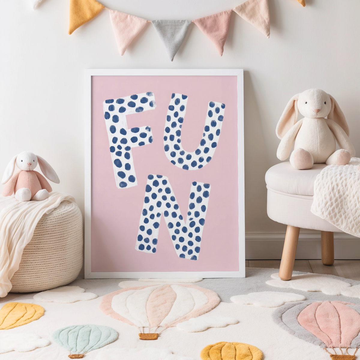 Graphic text print wall art with chunky FUN letters filled with polka dots