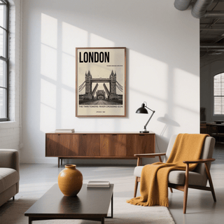 Classic city poster print showing Tower Bridge opened bascules and stone tower details