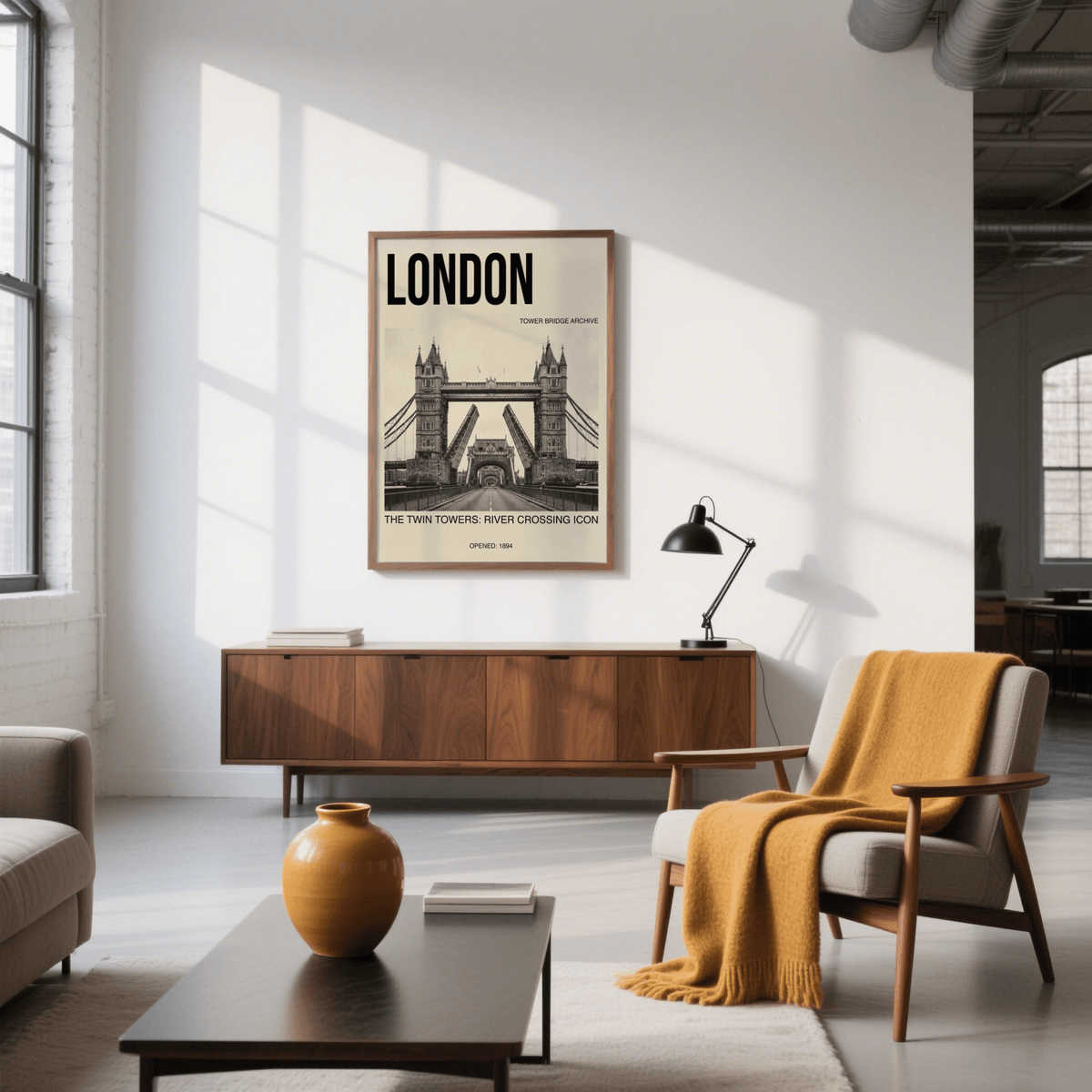 Classic city poster print showing Tower Bridge opened bascules and stone tower details