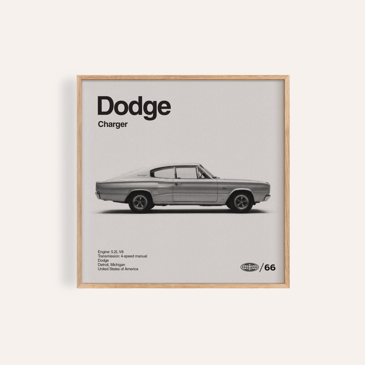 Dodge Charger Art Print in gray and black for a living room wall art display