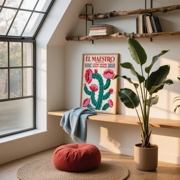 Cactus and flowers illustration in colorful Vintage Mexican Wall Art print.