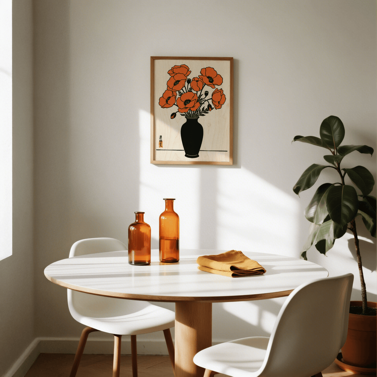 Floral Wall Art Poster, main colors orange, beige, black, ideal kids’ room wall art