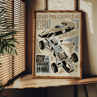 Presenting a motorsport wall art print with faceted racing car illustration and large type
