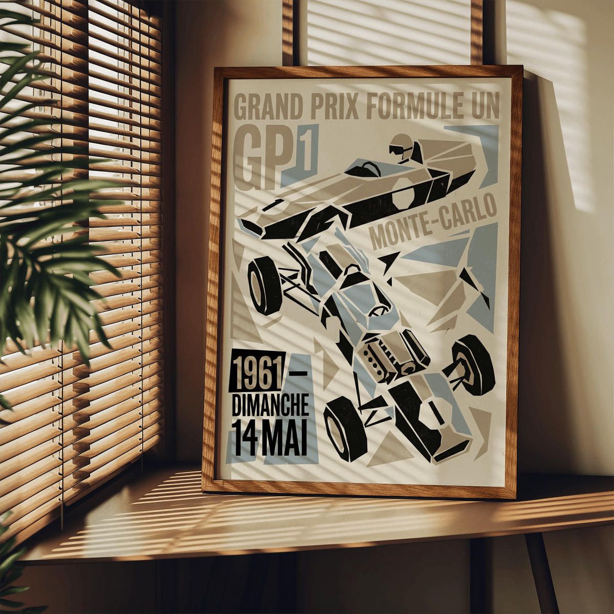 Presenting a motorsport wall art print with faceted racing car illustration and large type