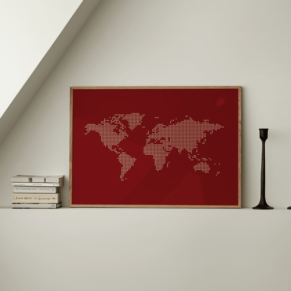 Beige dotted World Map Wall Poster on red for bedroom wall art