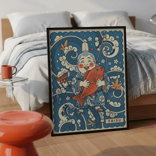 Close-up of Ebisu face and fish on Japanese Ebisu Wall Art print