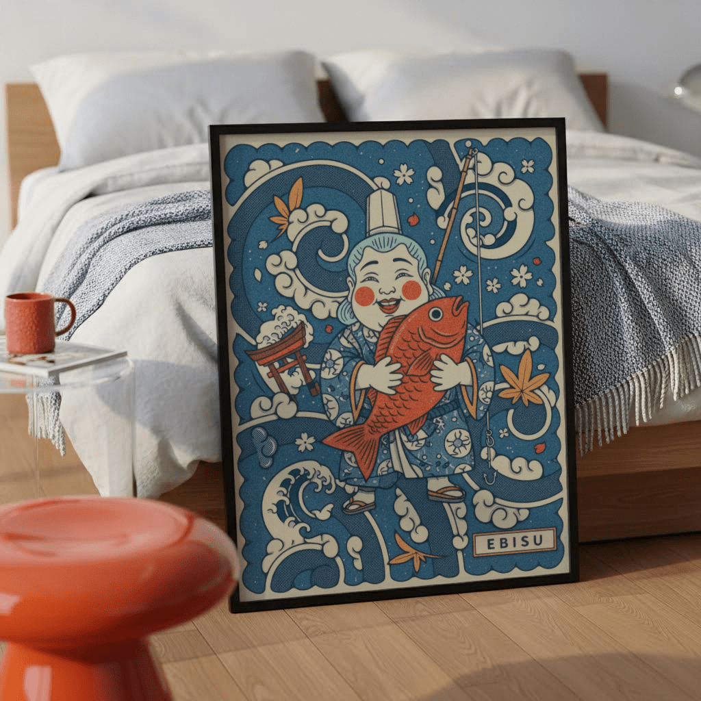 Close-up of Ebisu face and fish on Japanese Ebisu Wall Art print