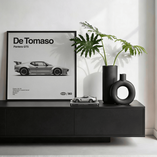 Elegant De Tomaso Pantera GT5 Print with Gray detailing for office decor