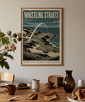 Rugged shoreline edges and surf texture on vintage-style golf poster print