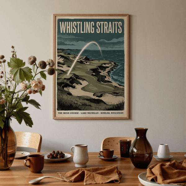 Rugged shoreline edges and surf texture on vintage-style golf poster print
