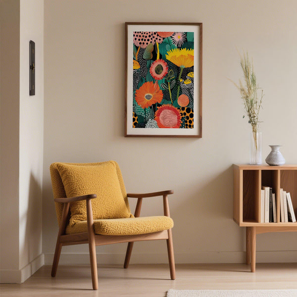 Living room wall with beautiful flower art adding playful energy and visual interest.