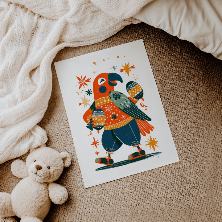 Playful Animal Poster of a parrot with maracas lying on a carpet near a teddy bear