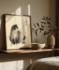 Sumi-e Cat Print in Gray and Brown colors, perfect for study room wall art