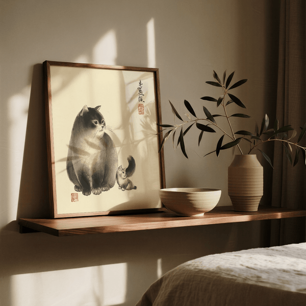 Sumi-e Cat Print in Gray and Brown colors, perfect for study room wall art