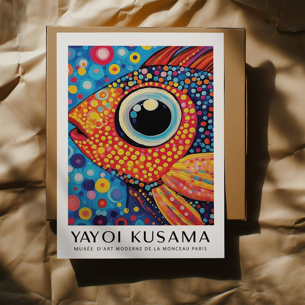 Stylized colorful fish art print with high-contrast oceanic tones for office walls